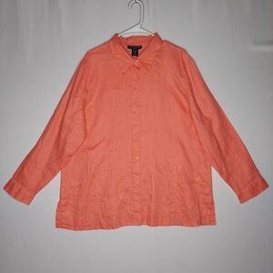 Anne Carson Linen Shirt Women 2X Coral Pink-Orange Button Collar Long Sleeve